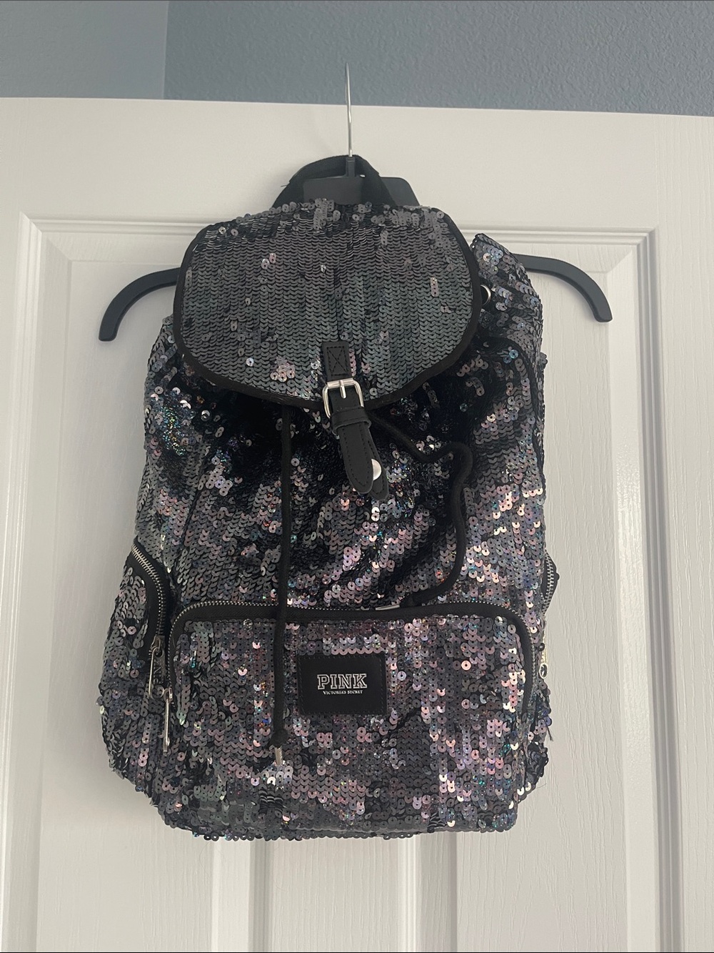PINK Victoria's Secret Iridescent Sequin Drawstring Backpack - Black/Silver